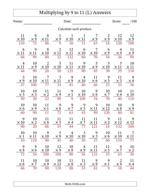 The Multiplying (1 to 12) by 9 to 11 (100 Questions) (L) Math Worksheet Page 2