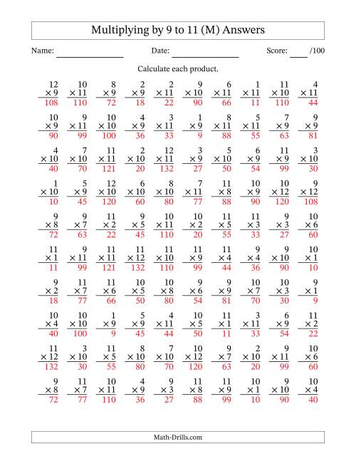 The Multiplying (1 to 12) by 9 to 11 (100 Questions) (M) Math Worksheet Page 2
