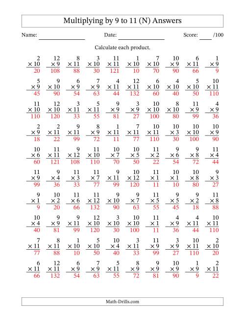 The Multiplying (1 to 12) by 9 to 11 (100 Questions) (N) Math Worksheet Page 2
