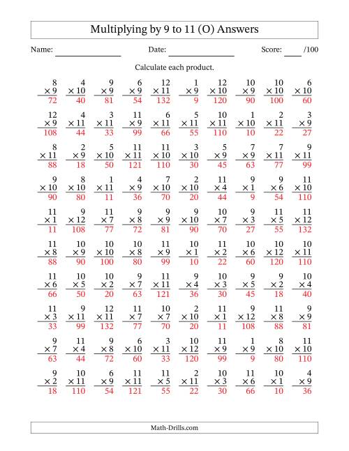 The Multiplying (1 to 12) by 9 to 11 (100 Questions) (O) Math Worksheet Page 2