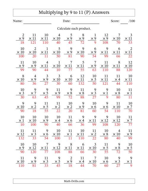 The Multiplying (1 to 12) by 9 to 11 (100 Questions) (P) Math Worksheet Page 2