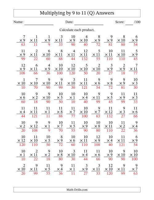 The Multiplying (1 to 12) by 9 to 11 (100 Questions) (Q) Math Worksheet Page 2