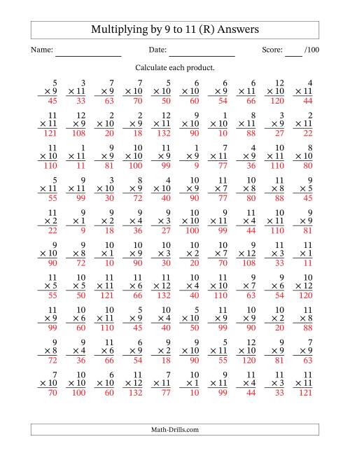 The Multiplying (1 to 12) by 9 to 11 (100 Questions) (R) Math Worksheet Page 2