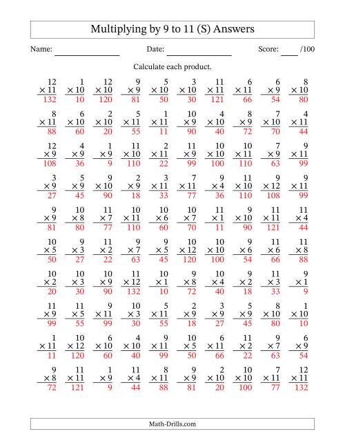 The Multiplying (1 to 12) by 9 to 11 (100 Questions) (S) Math Worksheet Page 2