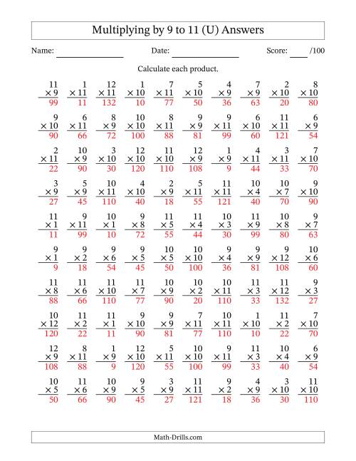 The Multiplying (1 to 12) by 9 to 11 (100 Questions) (U) Math Worksheet Page 2