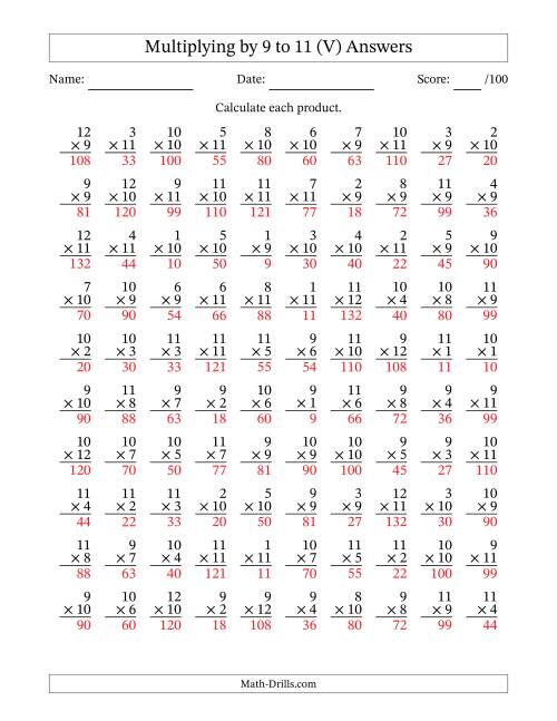 The Multiplying (1 to 12) by 9 to 11 (100 Questions) (V) Math Worksheet Page 2