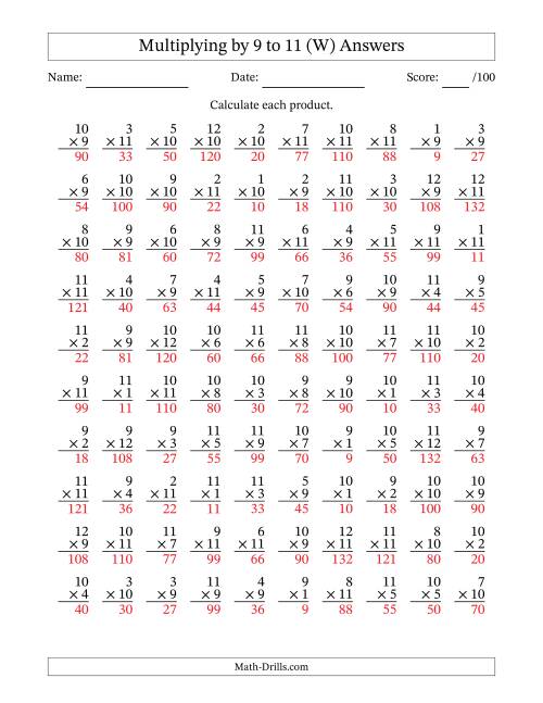 The Multiplying (1 to 12) by 9 to 11 (100 Questions) (W) Math Worksheet Page 2