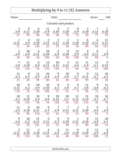 The Multiplying (1 to 12) by 9 to 11 (100 Questions) (X) Math Worksheet Page 2