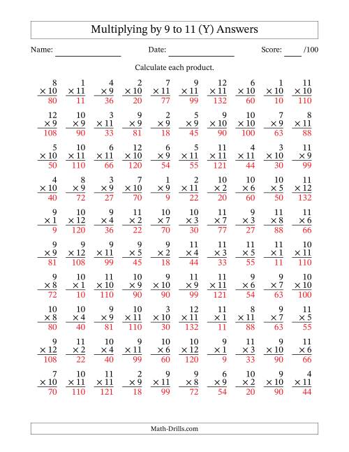 The Multiplying (1 to 12) by 9 to 11 (100 Questions) (Y) Math Worksheet Page 2