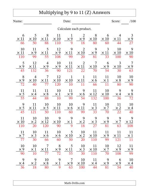 The Multiplying (1 to 12) by 9 to 11 (100 Questions) (Z) Math Worksheet Page 2