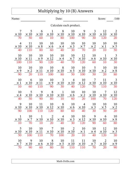 The Multiplying (1 to 12) by 10 (100 Questions) (B) Math Worksheet Page 2