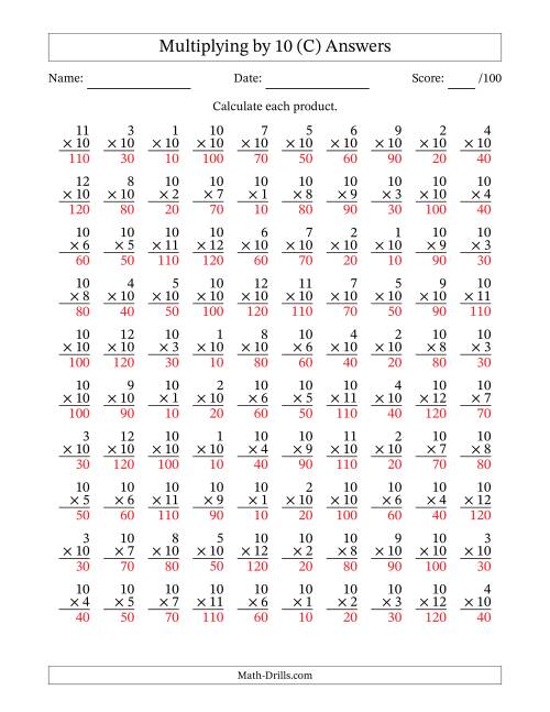 The Multiplying (1 to 12) by 10 (100 Questions) (C) Math Worksheet Page 2