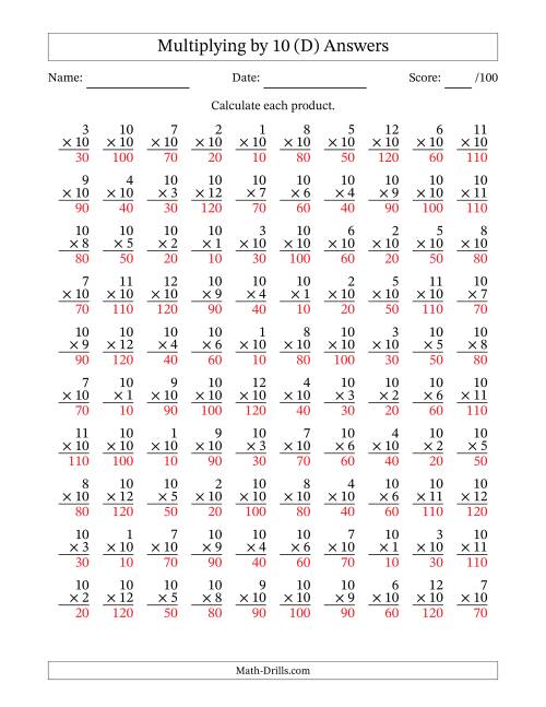 The Multiplying (1 to 12) by 10 (100 Questions) (D) Math Worksheet Page 2