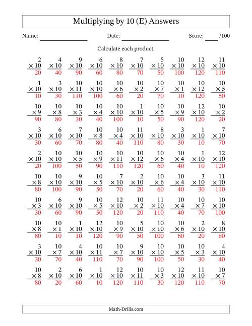 The Multiplying (1 to 12) by 10 (100 Questions) (E) Math Worksheet Page 2