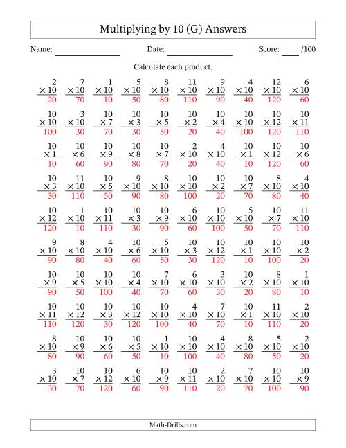 The Multiplying (1 to 12) by 10 (100 Questions) (G) Math Worksheet Page 2