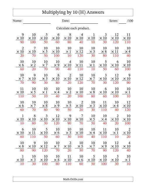 The Multiplying (1 to 12) by 10 (100 Questions) (H) Math Worksheet Page 2