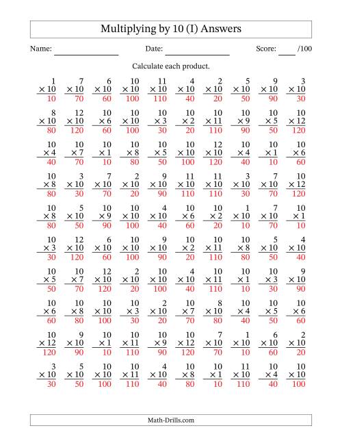 The Multiplying (1 to 12) by 10 (100 Questions) (I) Math Worksheet Page 2