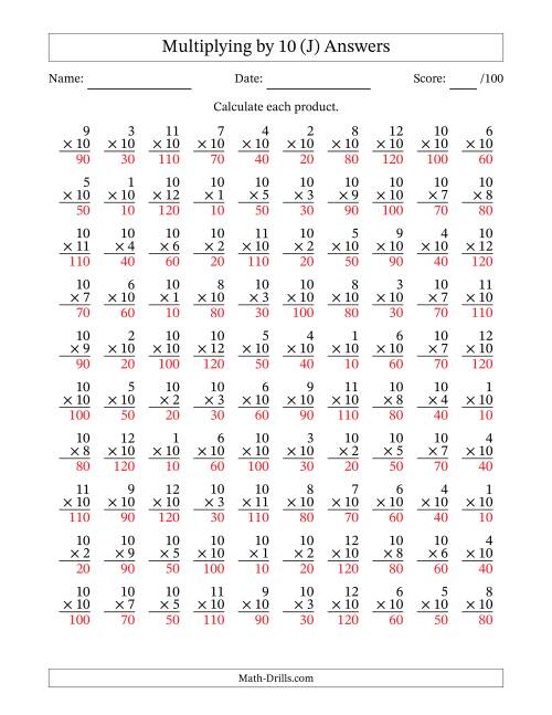 The Multiplying (1 to 12) by 10 (100 Questions) (J) Math Worksheet Page 2