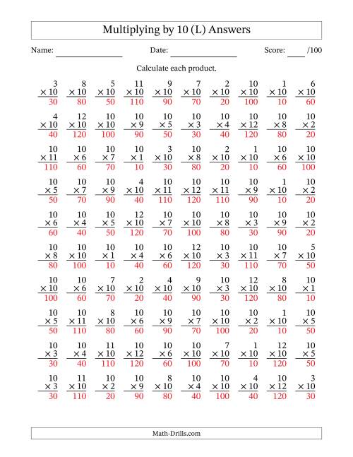 The Multiplying (1 to 12) by 10 (100 Questions) (L) Math Worksheet Page 2