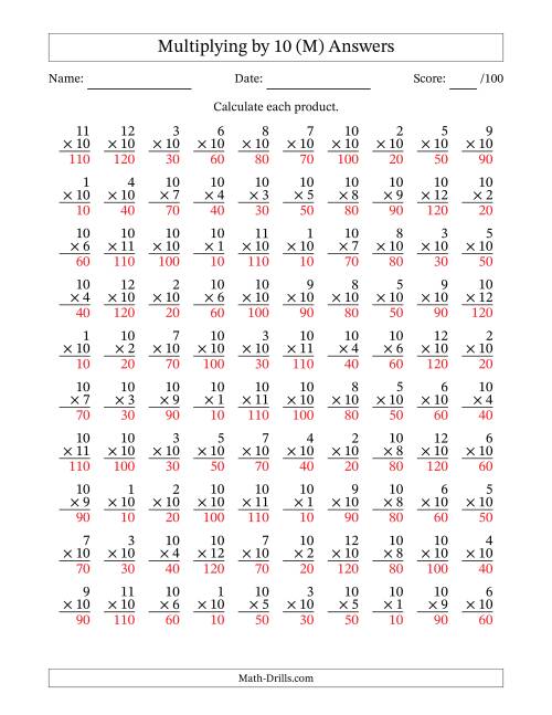 The Multiplying (1 to 12) by 10 (100 Questions) (M) Math Worksheet Page 2
