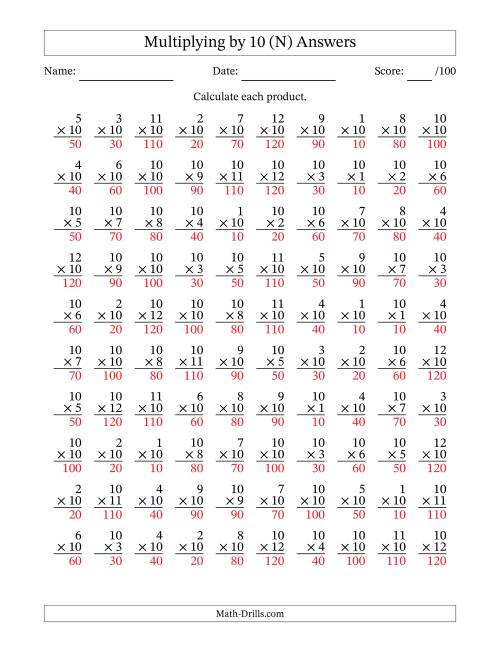The Multiplying (1 to 12) by 10 (100 Questions) (N) Math Worksheet Page 2