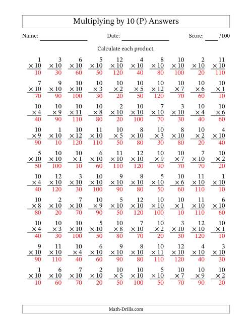 The Multiplying (1 to 12) by 10 (100 Questions) (P) Math Worksheet Page 2