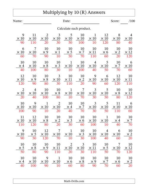 The Multiplying (1 to 12) by 10 (100 Questions) (R) Math Worksheet Page 2