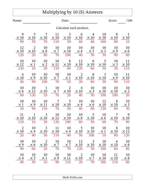 The Multiplying (1 to 12) by 10 (100 Questions) (S) Math Worksheet Page 2