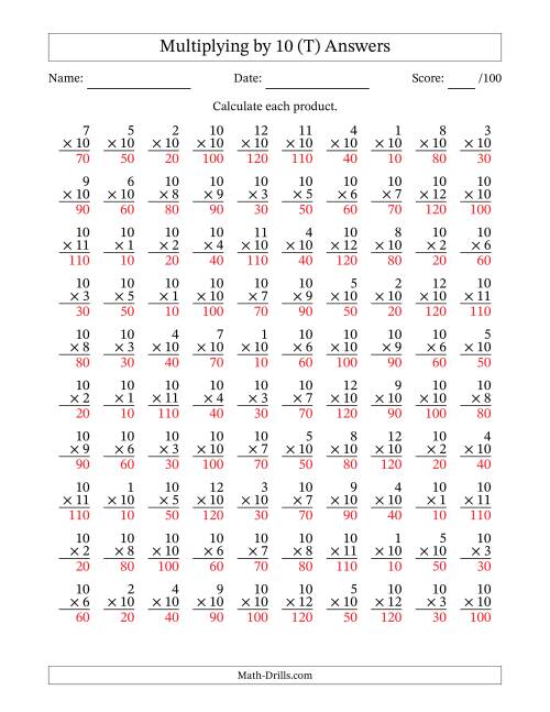The Multiplying (1 to 12) by 10 (100 Questions) (T) Math Worksheet Page 2