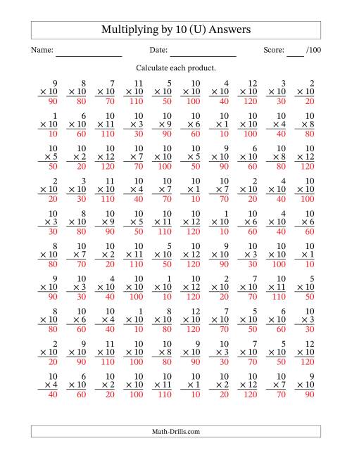 The Multiplying (1 to 12) by 10 (100 Questions) (U) Math Worksheet Page 2