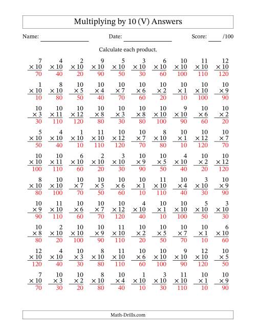 The Multiplying (1 to 12) by 10 (100 Questions) (V) Math Worksheet Page 2