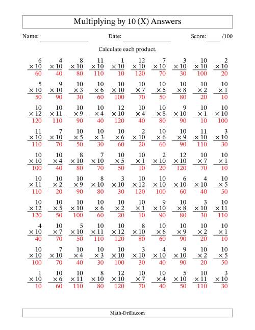 The Multiplying (1 to 12) by 10 (100 Questions) (X) Math Worksheet Page 2