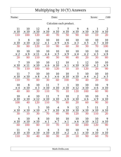 The Multiplying (1 to 12) by 10 (100 Questions) (Y) Math Worksheet Page 2