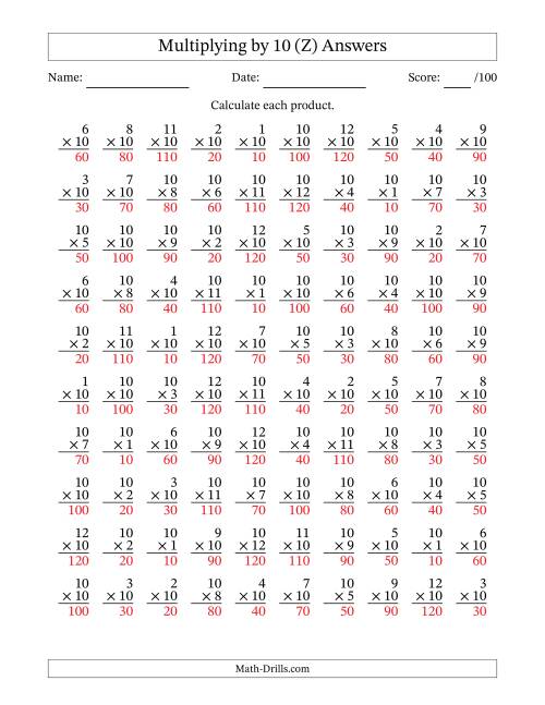 The Multiplying (1 to 12) by 10 (100 Questions) (Z) Math Worksheet Page 2