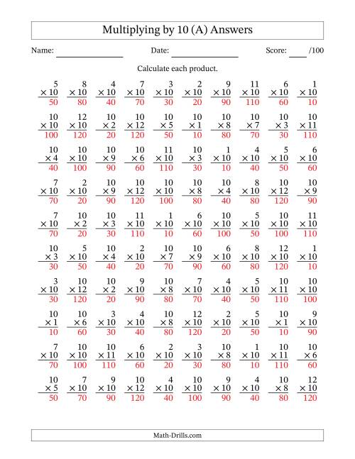 The Multiplying (1 to 12) by 10 (100 Questions) (All) Math Worksheet Page 2