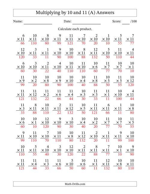 The Multiplying (1 to 12) by 10 and 11 (100 Questions) (A) Math Worksheet Page 2