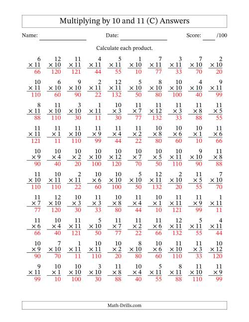 The Multiplying (1 to 12) by 10 and 11 (100 Questions) (C) Math Worksheet Page 2