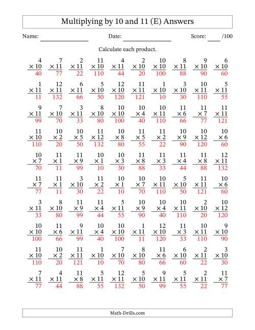 The Multiplying (1 to 12) by 10 and 11 (100 Questions) (E) Math Worksheet Page 2