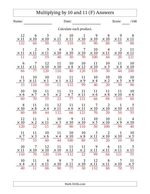 The Multiplying (1 to 12) by 10 and 11 (100 Questions) (F) Math Worksheet Page 2