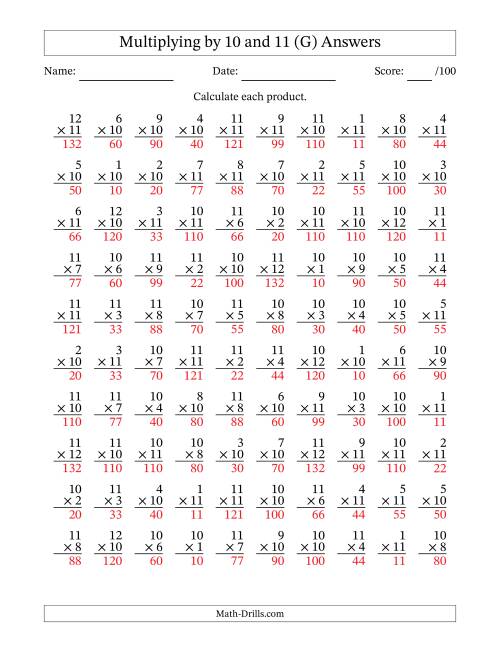 The Multiplying (1 to 12) by 10 and 11 (100 Questions) (G) Math Worksheet Page 2
