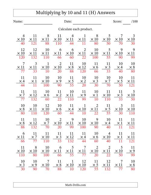 The Multiplying (1 to 12) by 10 and 11 (100 Questions) (H) Math Worksheet Page 2