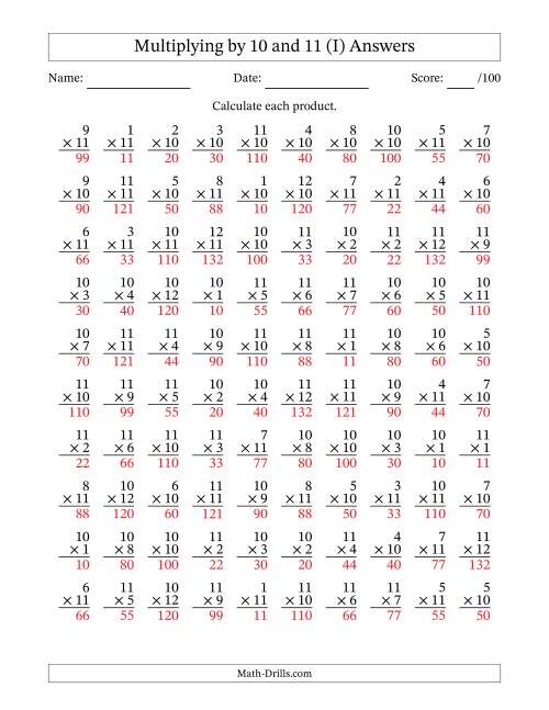 The Multiplying (1 to 12) by 10 and 11 (100 Questions) (I) Math Worksheet Page 2