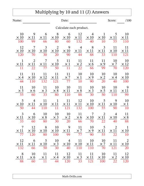 The Multiplying (1 to 12) by 10 and 11 (100 Questions) (J) Math Worksheet Page 2