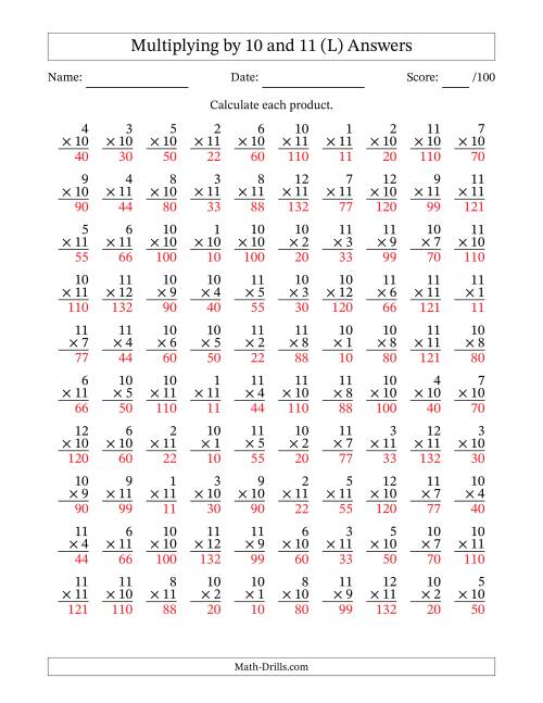 The Multiplying (1 to 12) by 10 and 11 (100 Questions) (L) Math Worksheet Page 2