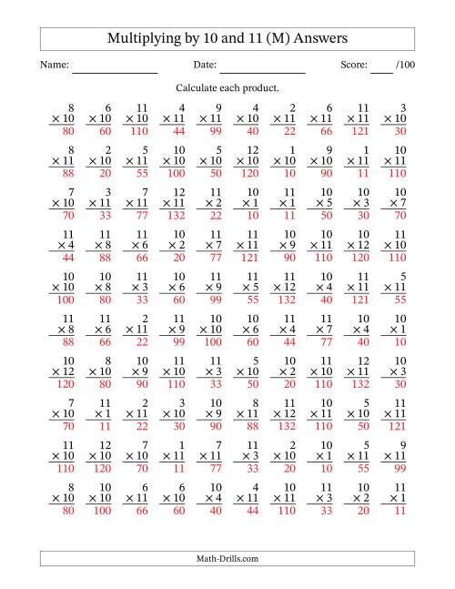 The Multiplying (1 to 12) by 10 and 11 (100 Questions) (M) Math Worksheet Page 2
