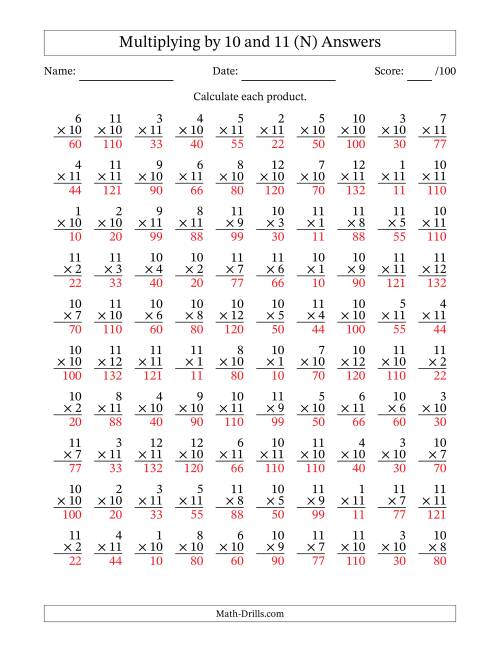 The Multiplying (1 to 12) by 10 and 11 (100 Questions) (N) Math Worksheet Page 2