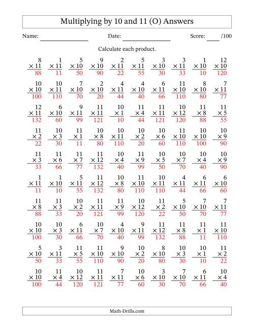 The Multiplying (1 to 12) by 10 and 11 (100 Questions) (O) Math Worksheet Page 2