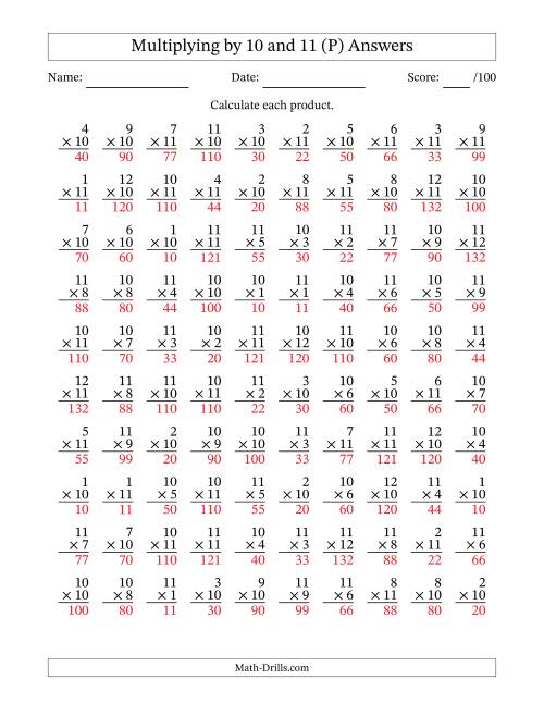 The Multiplying (1 to 12) by 10 and 11 (100 Questions) (P) Math Worksheet Page 2