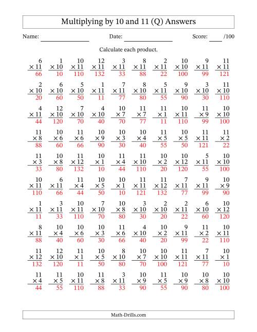 The Multiplying (1 to 12) by 10 and 11 (100 Questions) (Q) Math Worksheet Page 2
