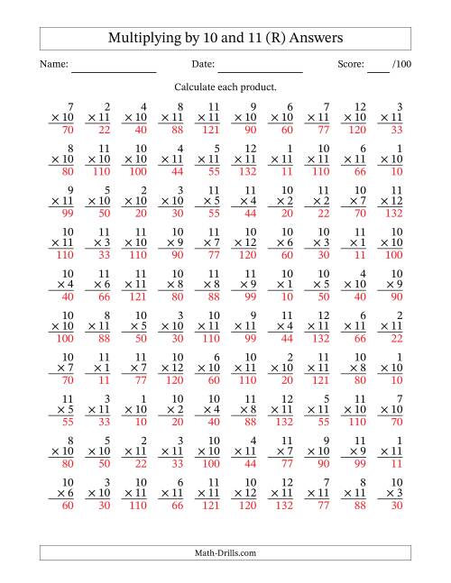 The Multiplying (1 to 12) by 10 and 11 (100 Questions) (R) Math Worksheet Page 2